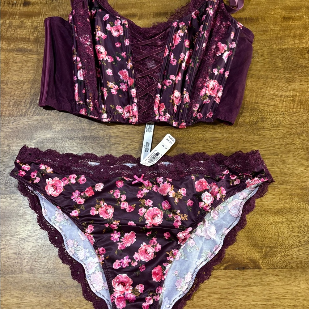Victoria's Secret Floral Lace Bra Set - Purple and Pink